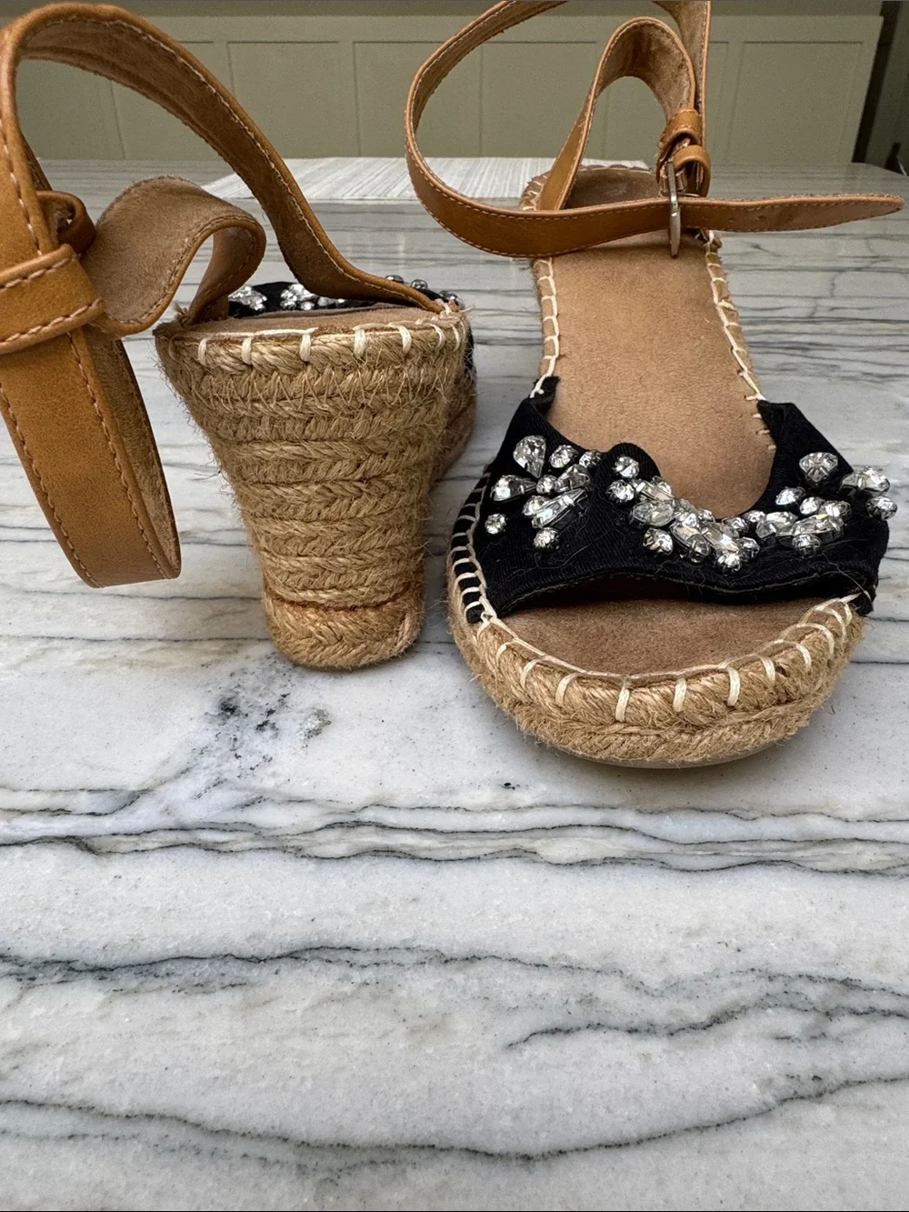 White Mountain Black Rhinestone Espadrille Wedge Sandal with Tan Ankle Strap - Picture 5 of 6